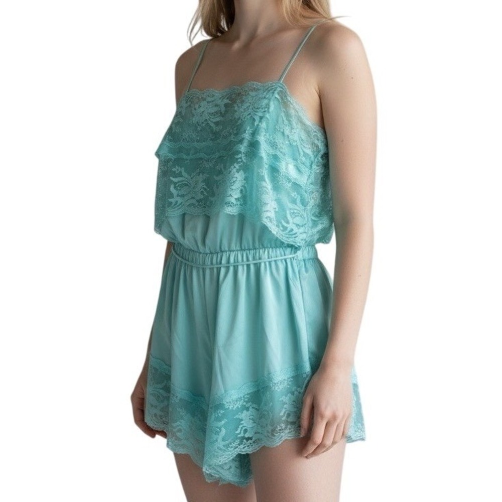 Vtg 80s Lingerie Romper Teddy‎ Shorts Med Teal Blue Lace Romantic Coquette